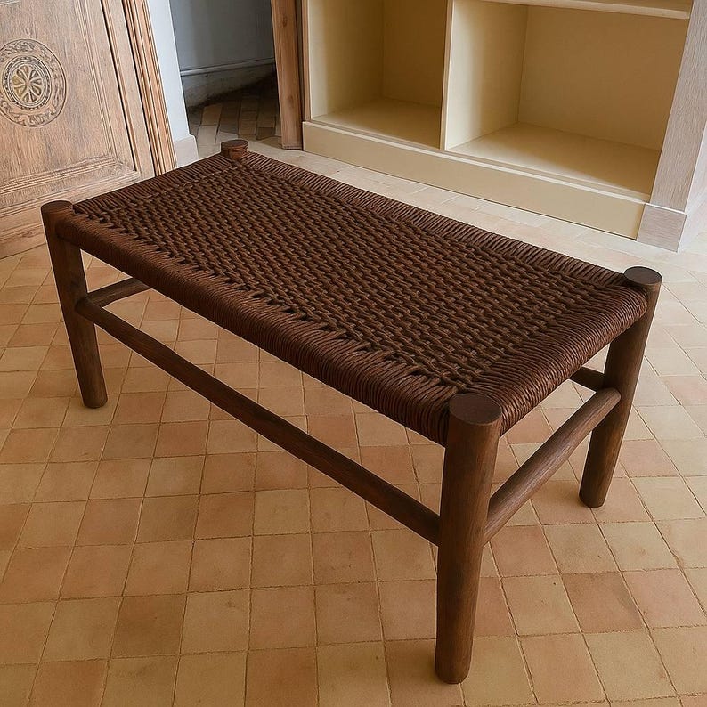 Handwoven Brown Cord Bench – Solid Dark Wood Frame