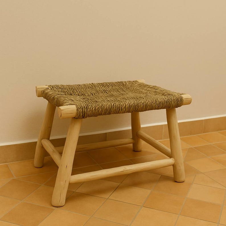 Handwoven Natural Cord Stool – Rustic Wood Frame