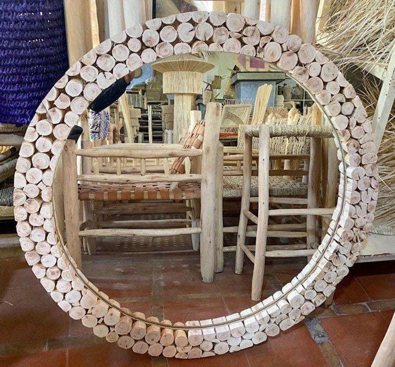 Round Rustic Wooden Frame Mirror – Handmade Natural Design