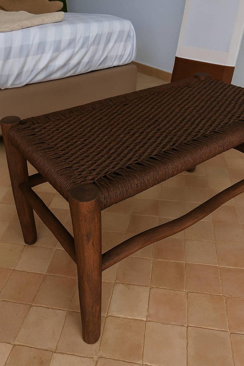 Handwoven Brown Cord Bench – Solid Dark Wood Frame