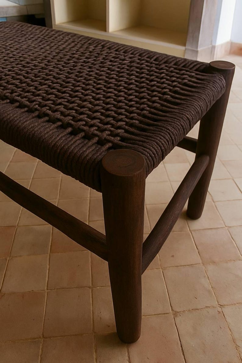 Handwoven Brown Cord Bench – Solid Dark Wood Frame