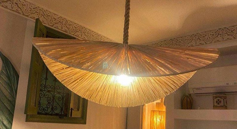 Flat Raffia Pendant – Natural Woven Boho Ceiling Light