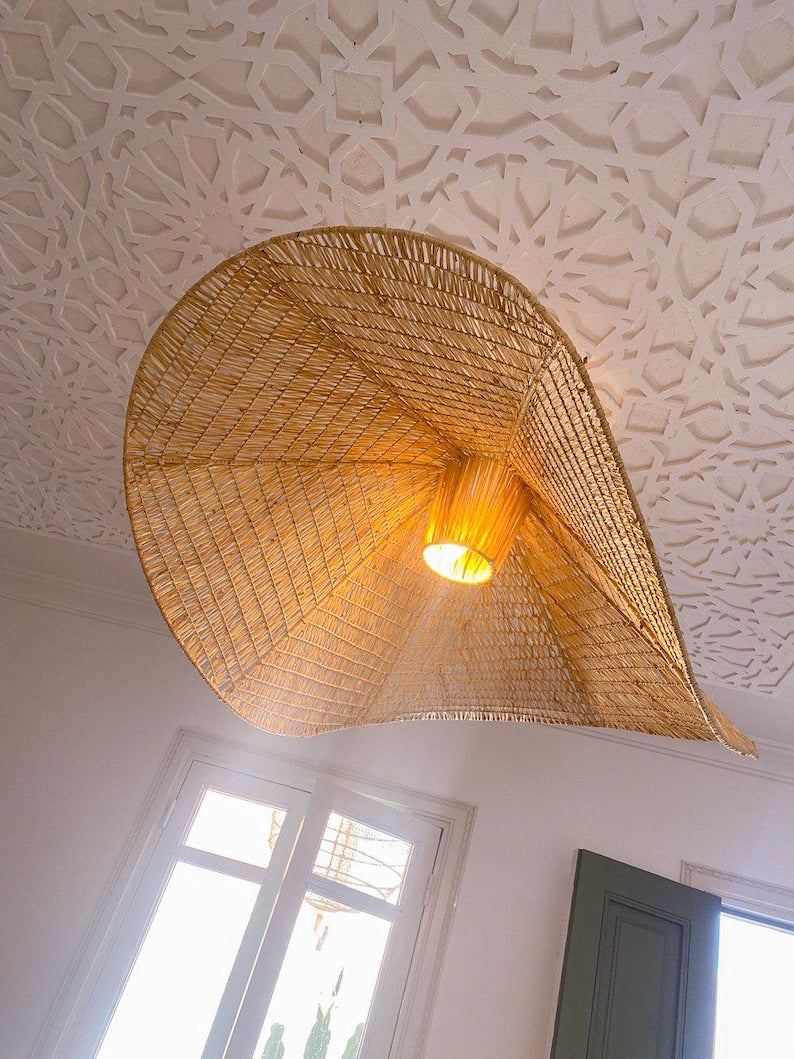 Flat Raffia Pendant Light – Bohemian Ceiling Lamp