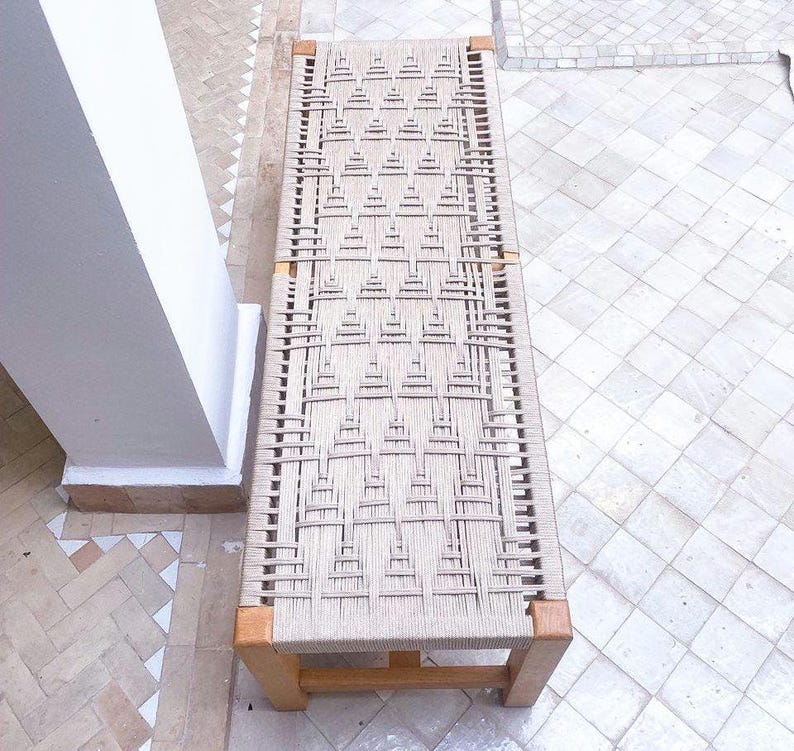 Handwoven Geometric Cord Bench – Solid Walnut Rectangular Wood Frame