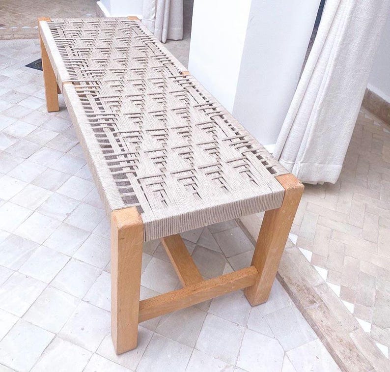 Handwoven Geometric Cord Bench – Solid Walnut Rectangular Wood Frame