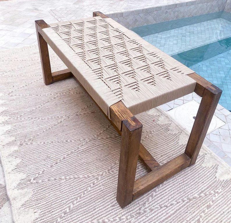 Handwoven Geometric Cord Bench – Solid Walnut Wood Frame