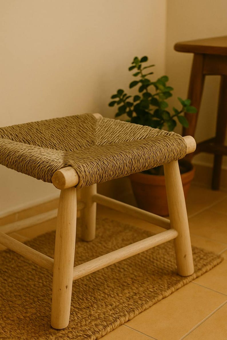 Handwoven Natural Cord Stool – Rustic Wood Frame