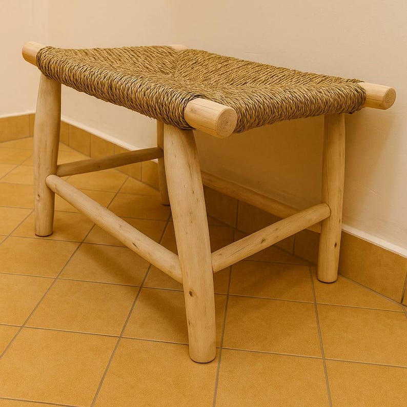 Handwoven Natural Cord Stool – Rustic Wood Frame