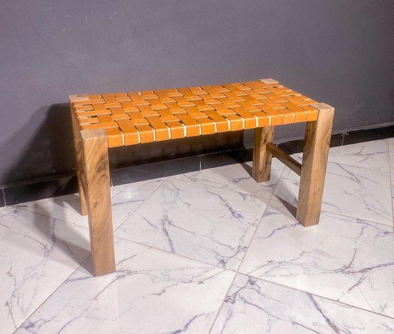 Walnut Leather Woven Bench – Handmade Solid Wood Frame