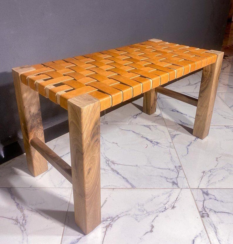 Walnut Leather Woven Bench – Handmade Solid Wood Frame