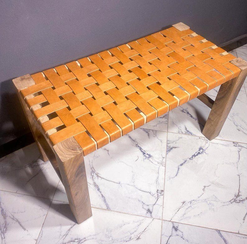 Walnut Leather Woven Bench – Handmade Solid Wood Frame