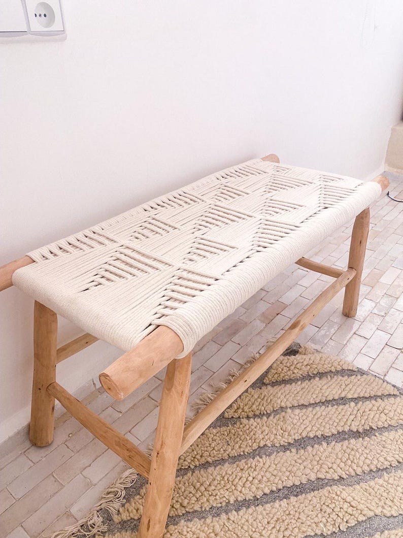 Handwoven White Cord Bench – Natural Rustic Wood Frame