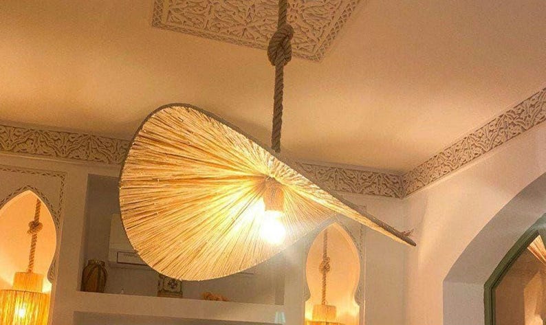 Flat Raffia Pendant – Natural Woven Boho Ceiling Light