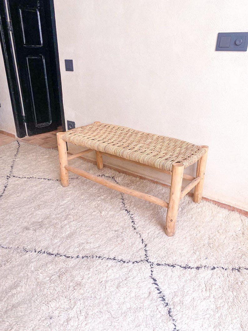 Moroccan wooden and rope bench