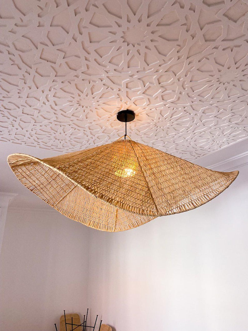Flat Raffia Pendant Light – Bohemian Ceiling Lamp