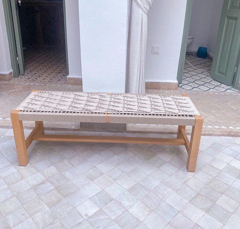 Handwoven Geometric Cord Bench – Solid Walnut Rectangular Wood Frame