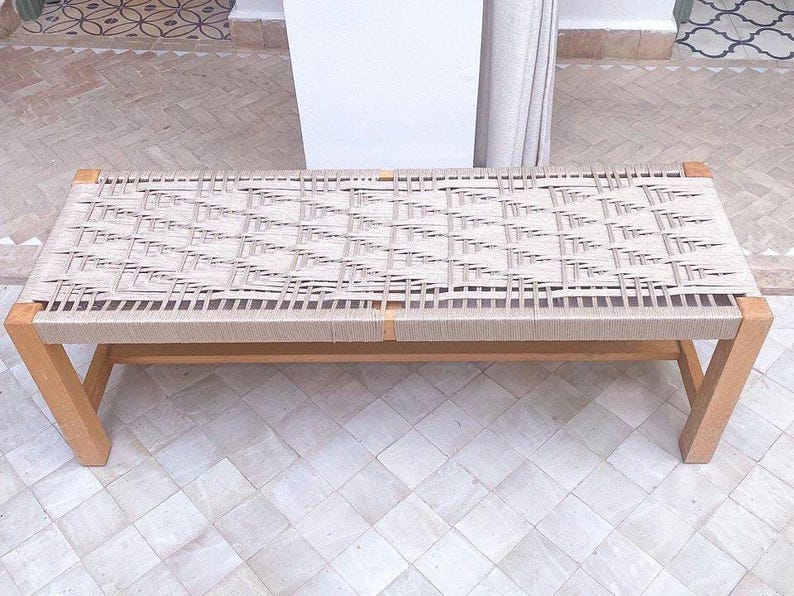 Handwoven Geometric Cord Bench – Solid Walnut Rectangular Wood Frame