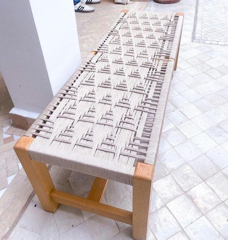 Handwoven Geometric Cord Bench – Solid Walnut Rectangular Wood Frame