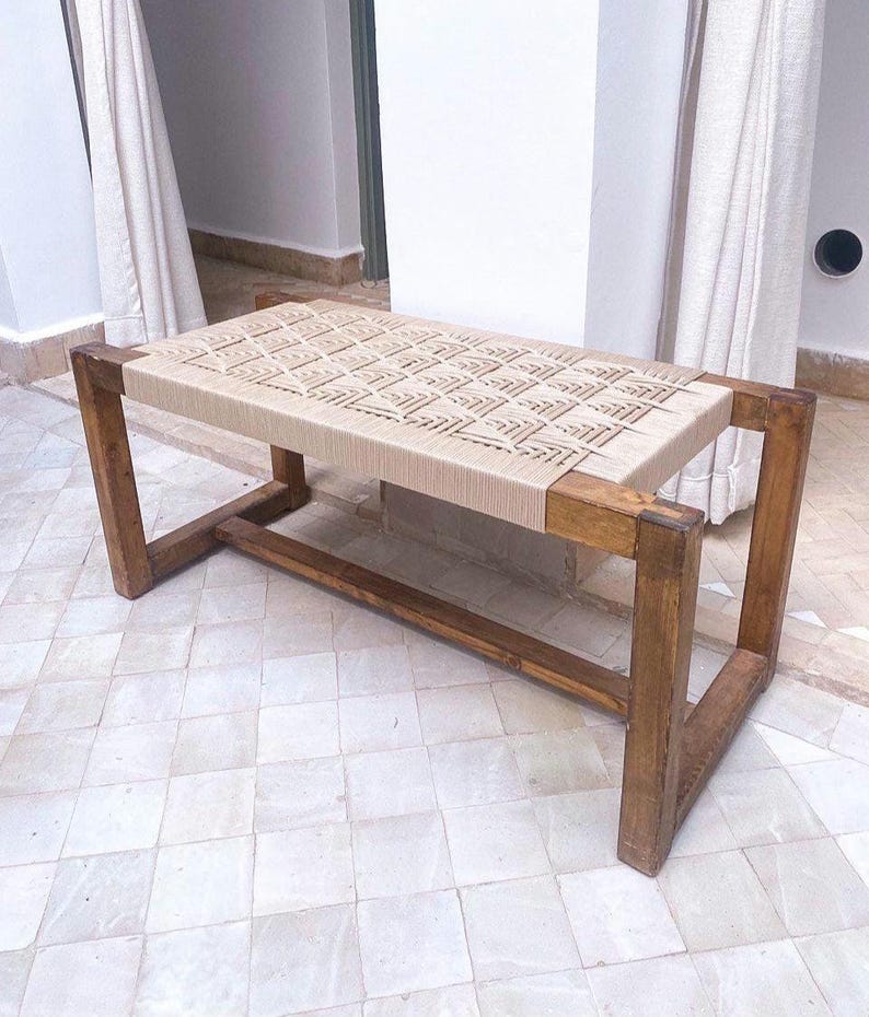 Handwoven Geometric Cord Bench – Solid Walnut Wood Frame