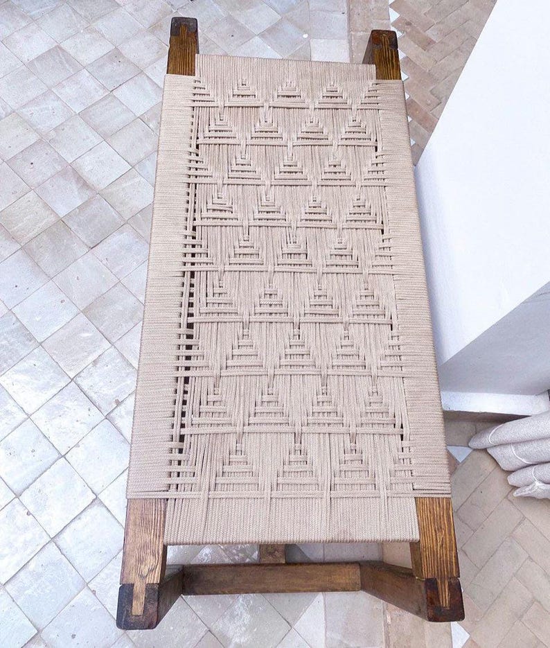Handwoven Geometric Cord Bench – Solid Walnut Wood Frame