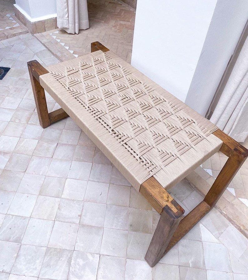 Handwoven Geometric Cord Bench – Solid Walnut Wood Frame