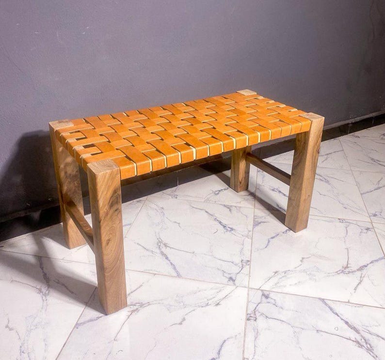 Walnut Leather Woven Bench – Handmade Solid Wood Frame