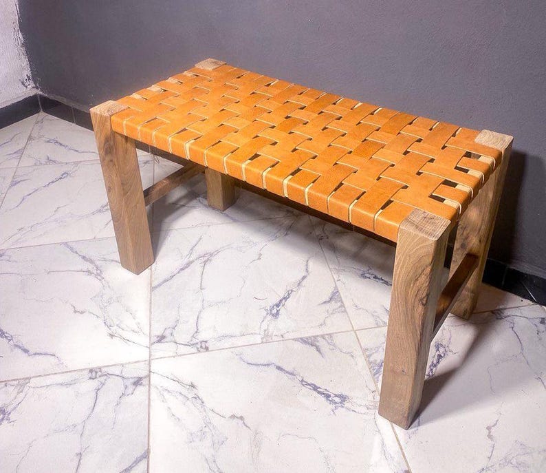 Walnut Leather Woven Bench – Handmade Solid Wood Frame
