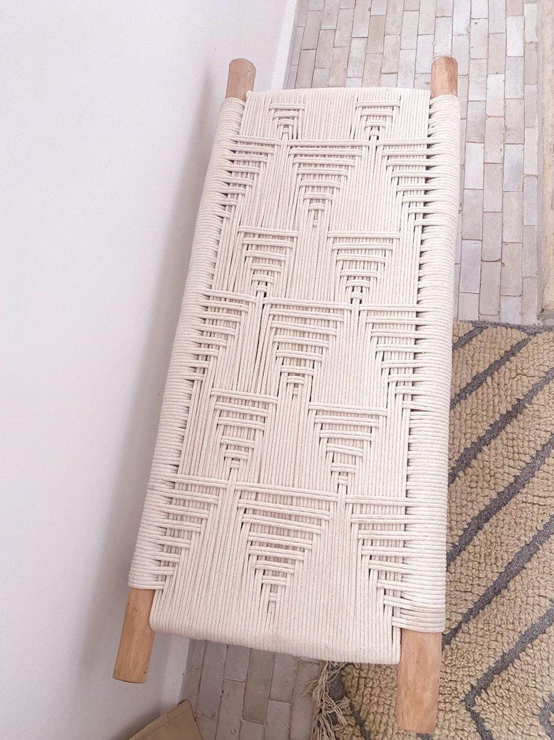 Handwoven White Cord Bench – Natural Rustic Wood Frame
