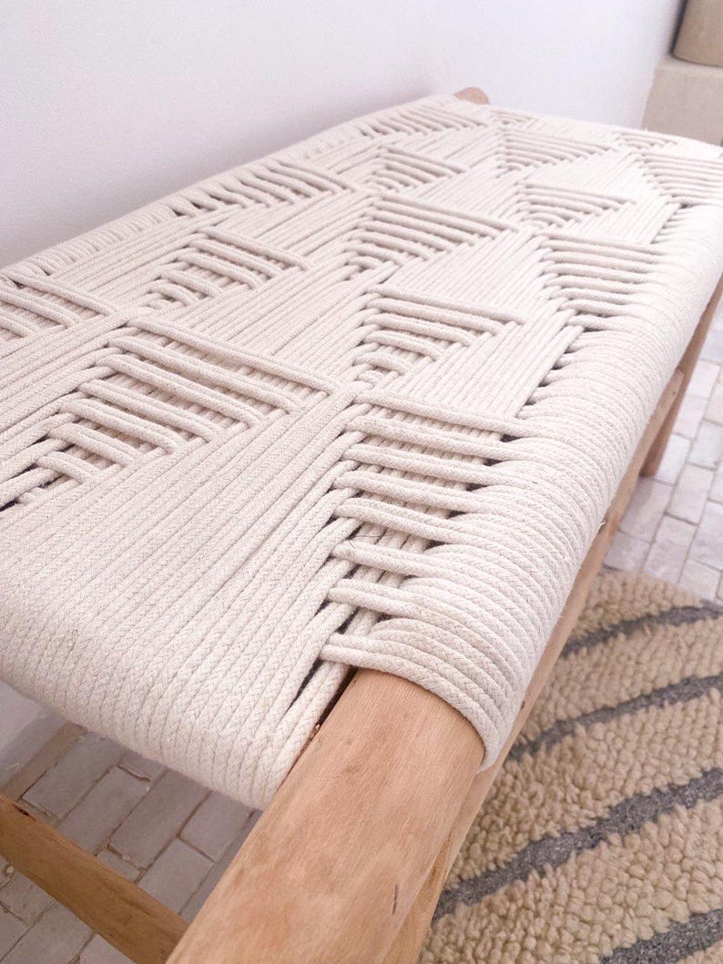 Handwoven White Cord Bench – Natural Rustic Wood Frame
