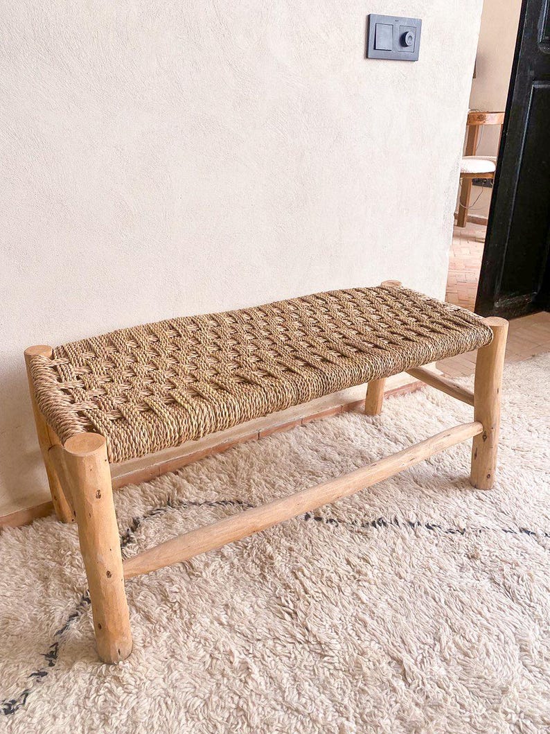Moroccan wooden and rope bench