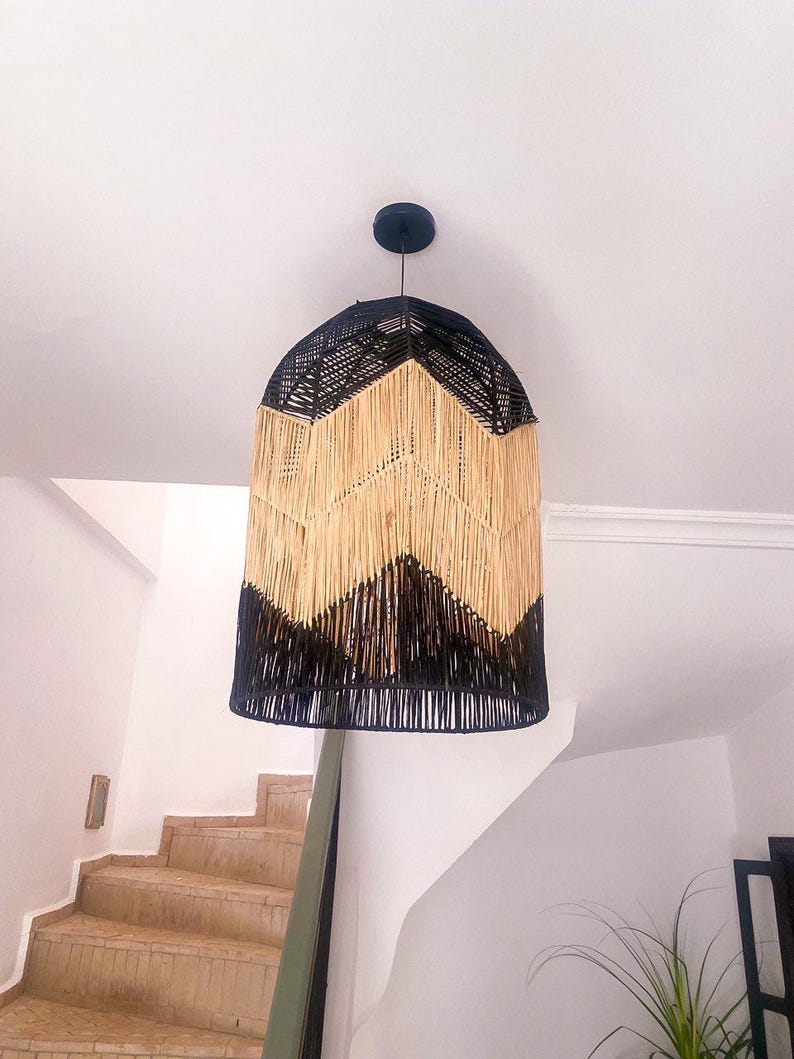 Handmade Raffia Pendant Light – Black & Beige Bohemian Lamp