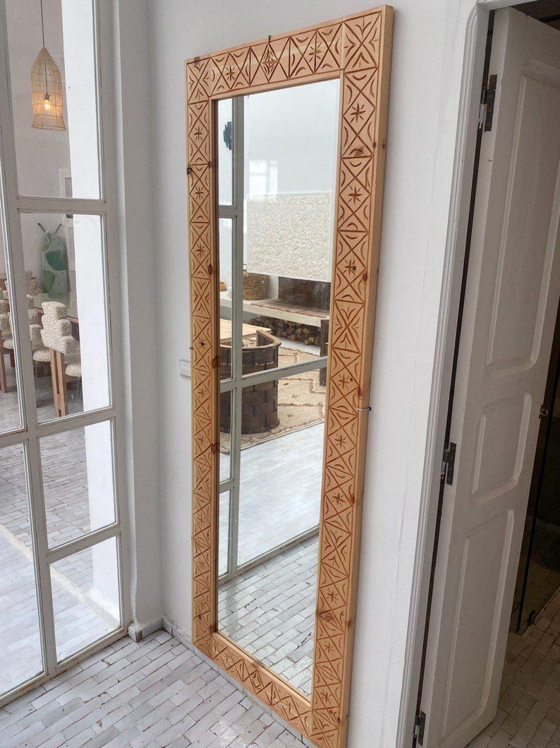 Handcrafted Wooden Mirror – Carved Geometric Frame