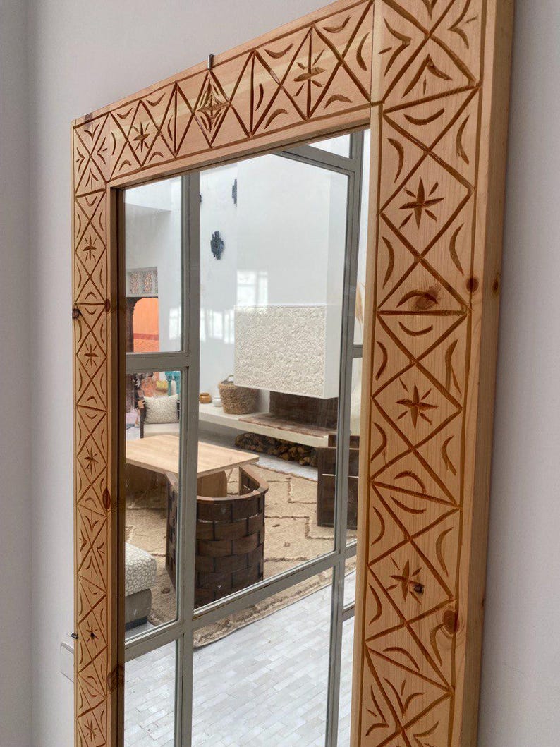 Handcrafted Wooden Mirror – Carved Geometric Frame