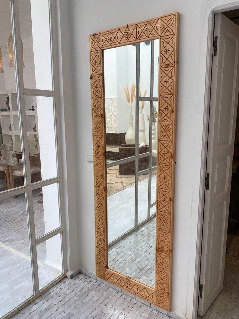 Handcrafted Wooden Mirror – Carved Geometric Frame
