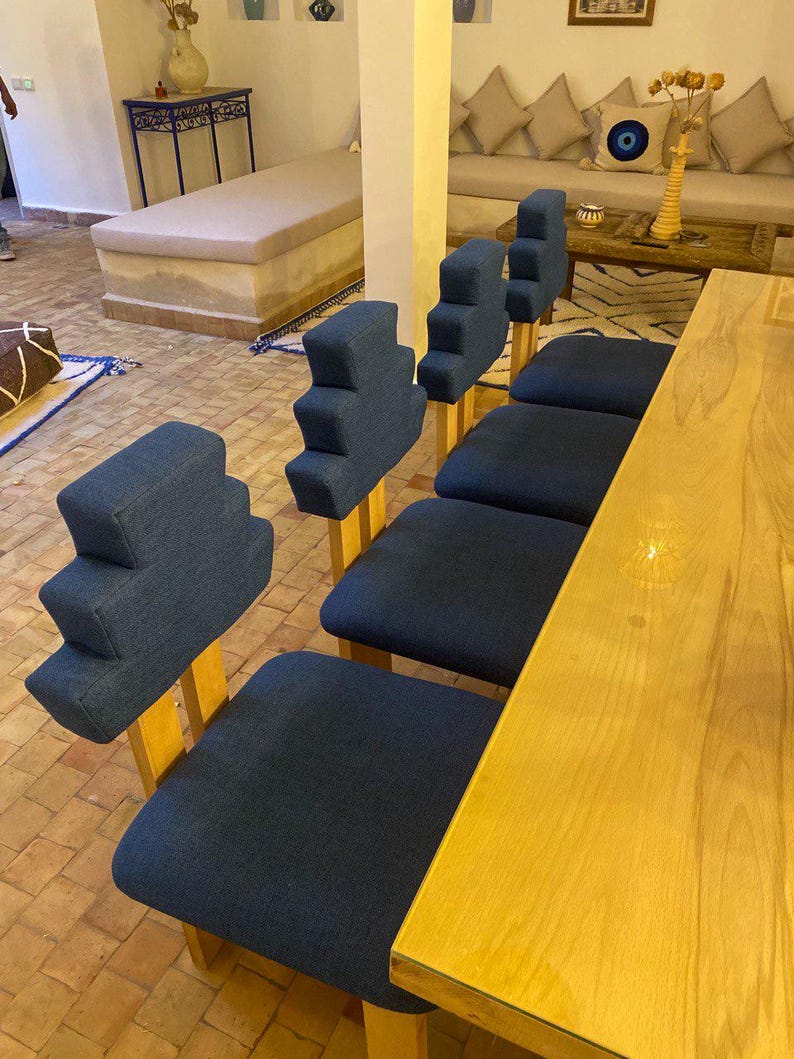 Handmade Geometric-Back Chair with Upholstered Seat