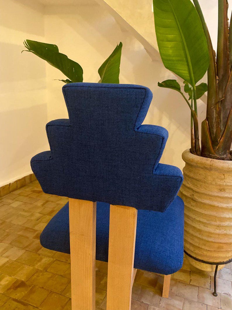 Handmade Geometric-Back Chair with Upholstered Seat