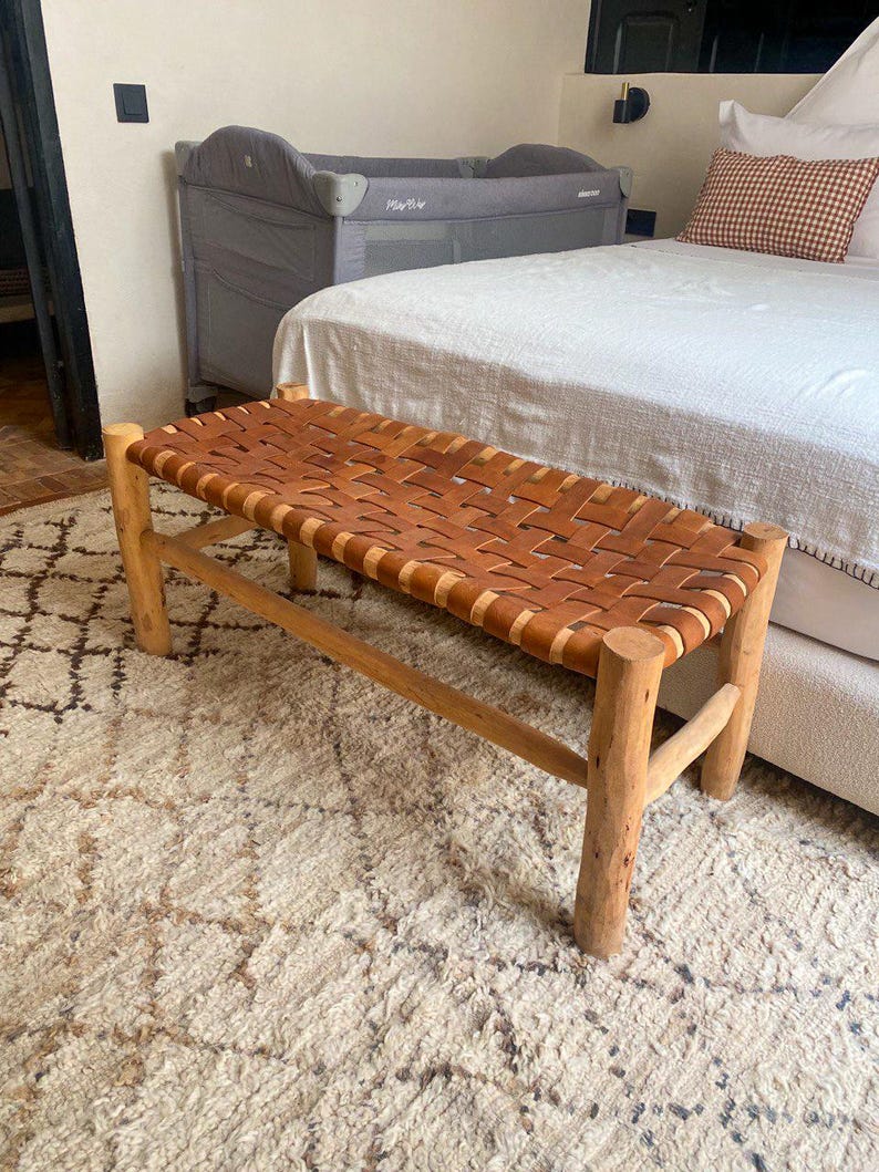 Handwoven Leather Strap Bench – Rustic Wood Frame