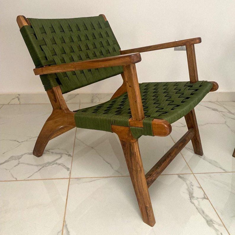 Walnut Armchair – Handmade with Green Woven Seat