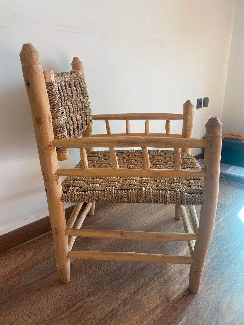 Rustic Wooden Armchair with Woven Seat – Handmade