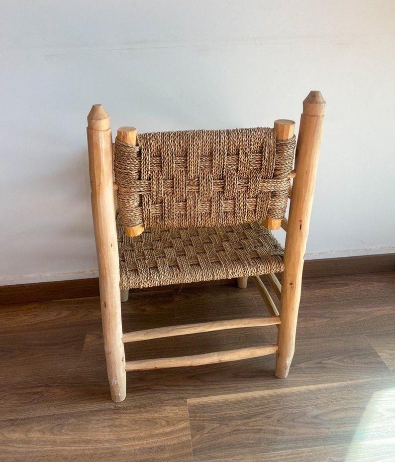 Rustic Wooden Armchair with Woven Seat – Handmade