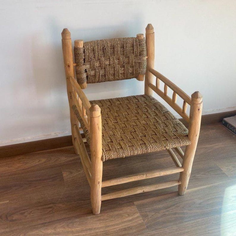 Rustic Wooden Armchair with Woven Seat – Handmade