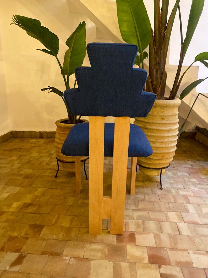Handmade Geometric-Back Chair with Upholstered Seat