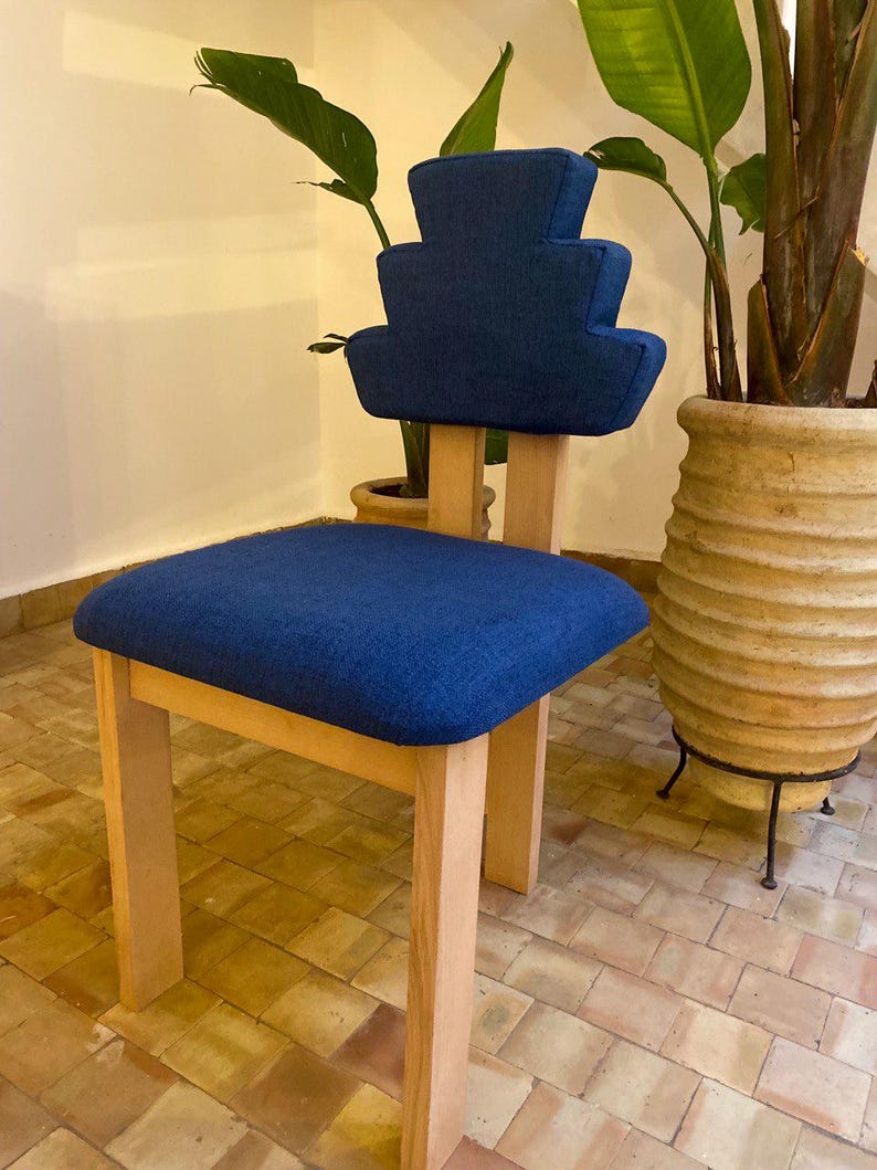 Handmade Geometric-Back Chair with Upholstered Seat