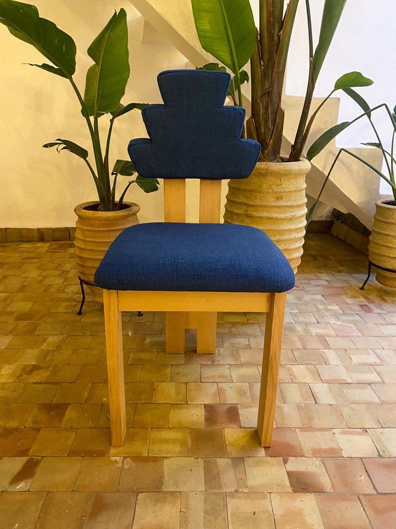 Handmade Geometric-Back Chair with Upholstered Seat
