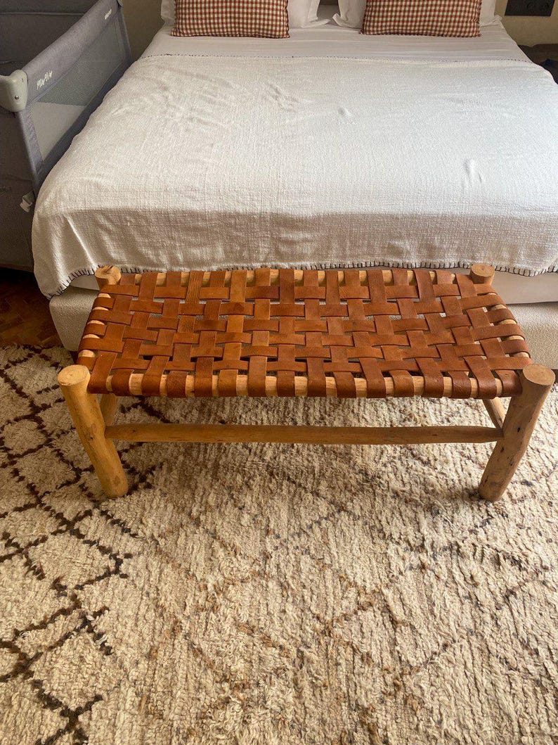 Handwoven Leather Strap Bench – Rustic Wood Frame