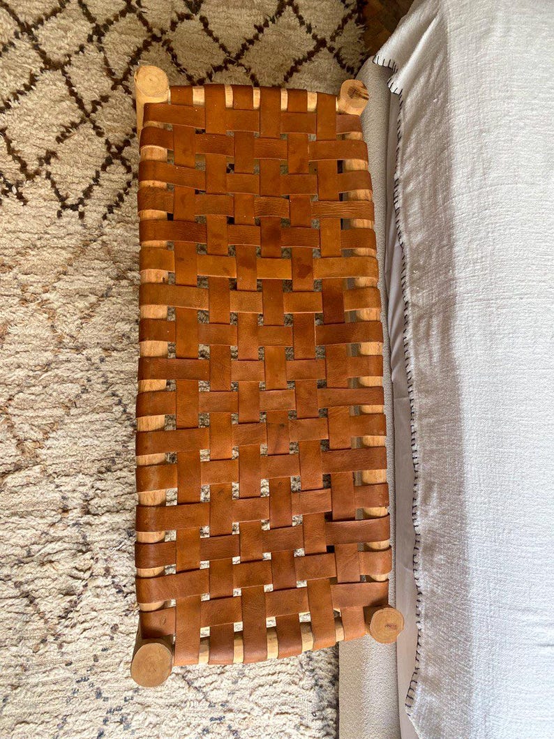 Handwoven Leather Strap Bench – Rustic Wood Frame