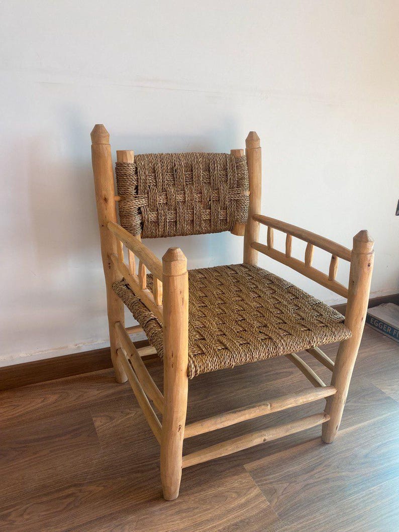 Rustic Wooden Armchair with Woven Seat – Handmade