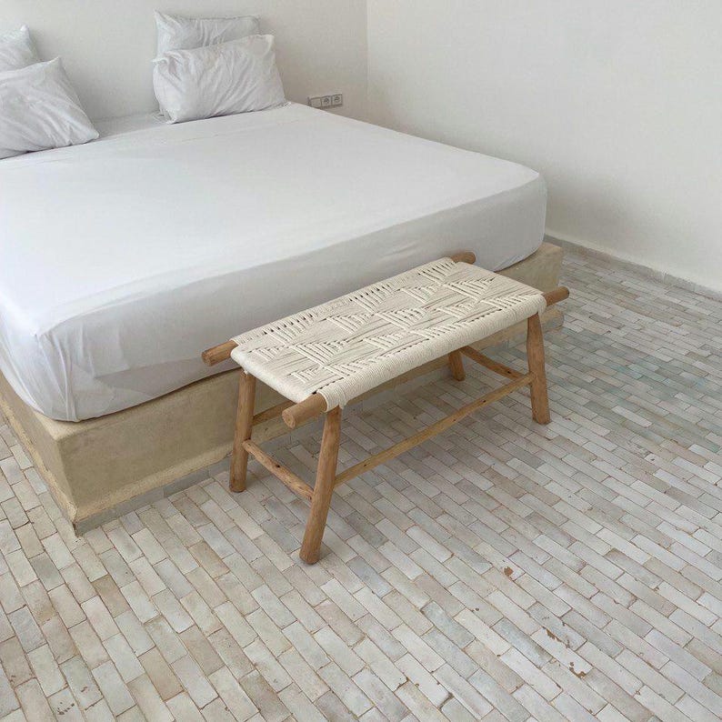 Handwoven White Cord Bench – Natural Rustic Wood Frame