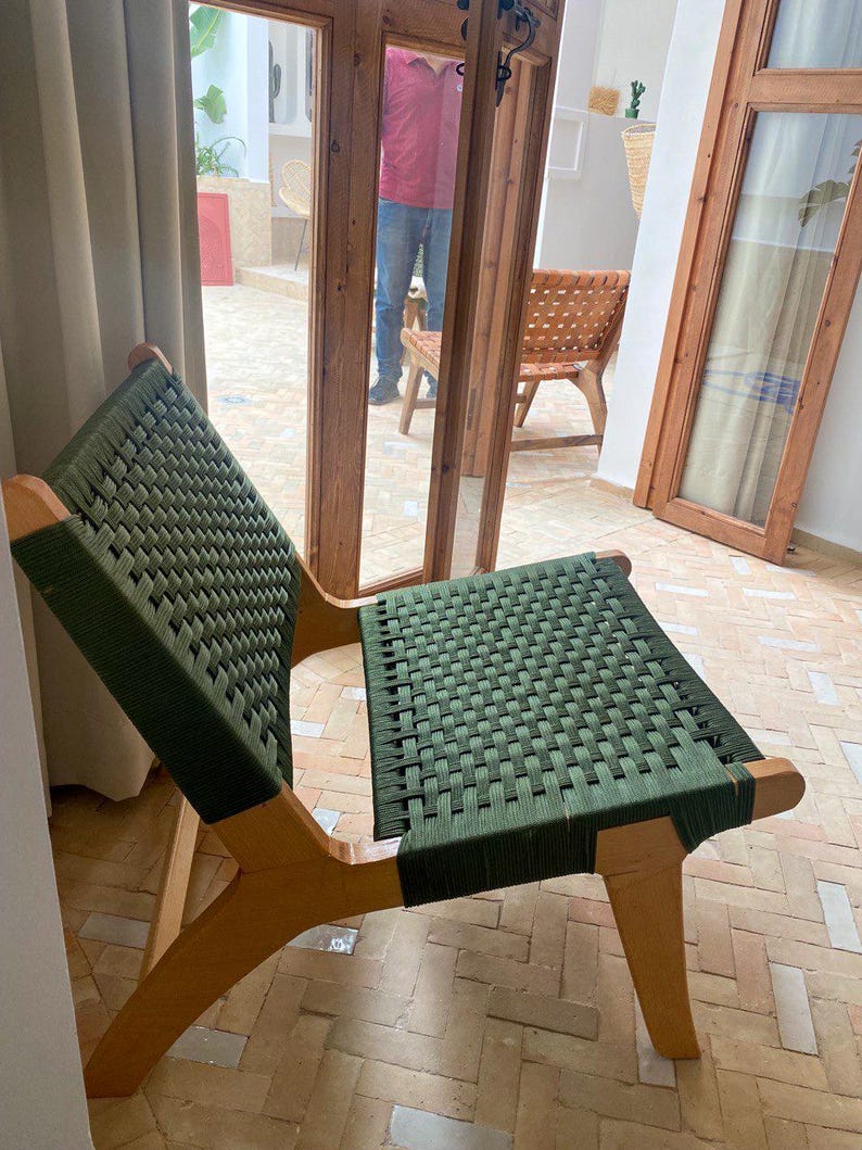 Walnut Lounge Chair – Handmade with Green Woven Seat