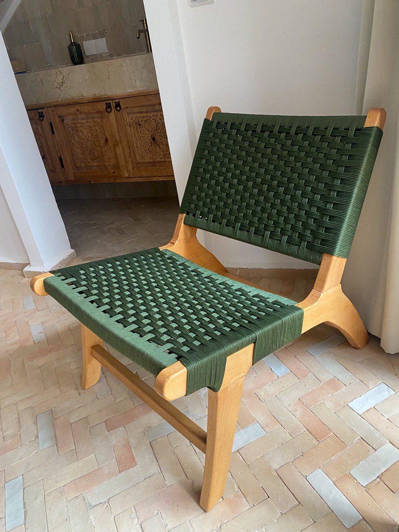 Walnut Lounge Chair – Handmade with Green Woven Seat